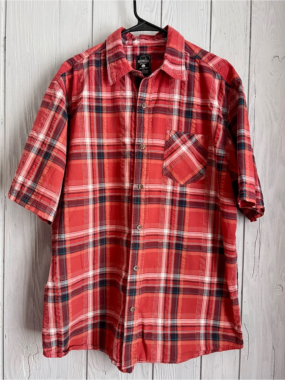 RedHead Red Plaid Short-Sleeve Button Down Shirt with Chest Pocket